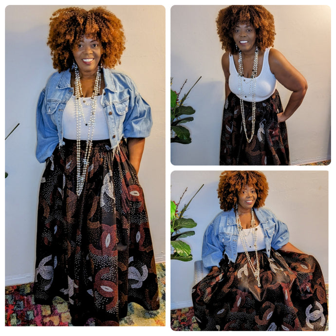 African Long Ankara Print Maxi Skirt With Pockets / Head-Wrap Elastic Waist