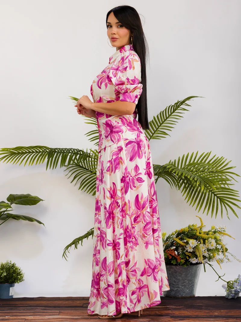 Plus Size Floral Print Button Front Maxi Skirt Set