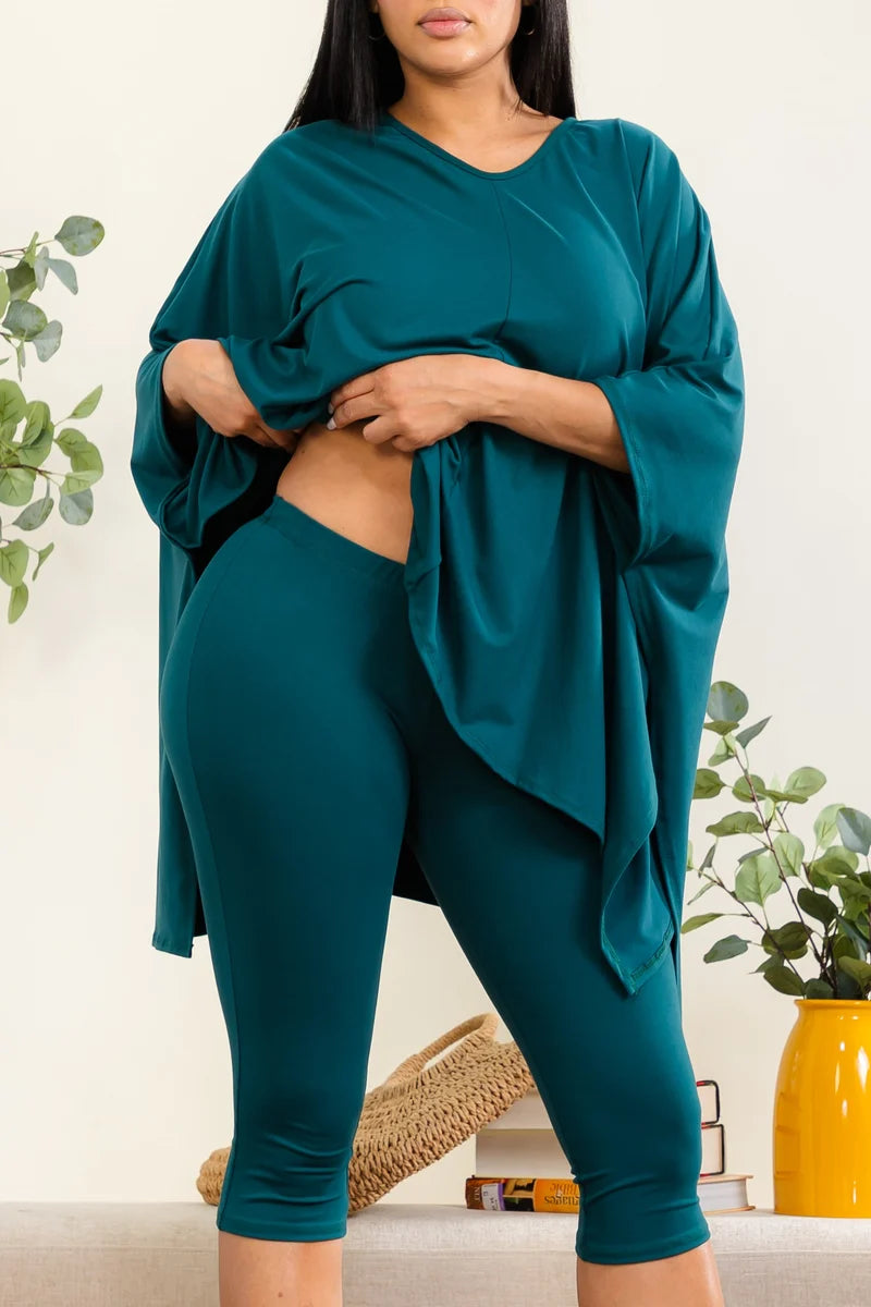 Solid two-piece set poncho-style top
