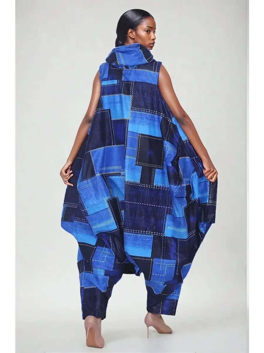 Multi-Tone Blue Patchwork Jumpsuit With Pockets