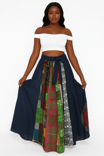 Denim Mix & Match Maxi Skirt with Matching Head Wrap – One Size Fits Most