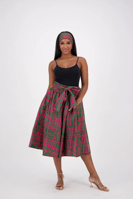 African / Ankara Mid-Length Skirt With Pockets Head-Wrap Elastic Waist One-Size