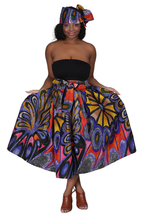 African/Ankara Print Mid-Length Skirt With Pockets / Head-Wrap Elastic Waist One-Size