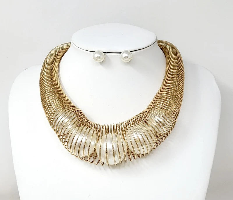 Gold Statement Necklace With Pearls With Matching Earrings Sets