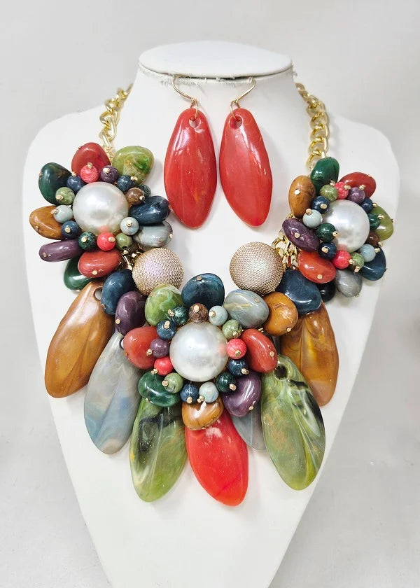 Fashion Bead Statement Necklace With Matching Earrings