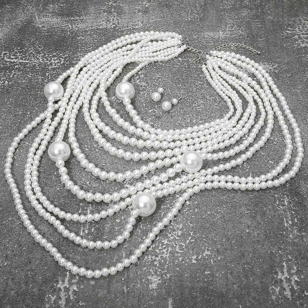 White 9 Multi Strand Pearl Statement Necklace