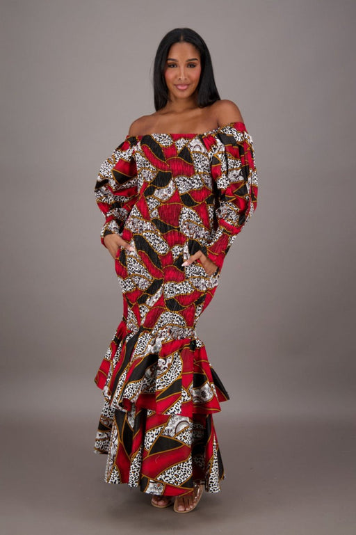 African / Ankara Dress Elastic Waist One-Size FITS MOST Headwrap/Pockets (RED)