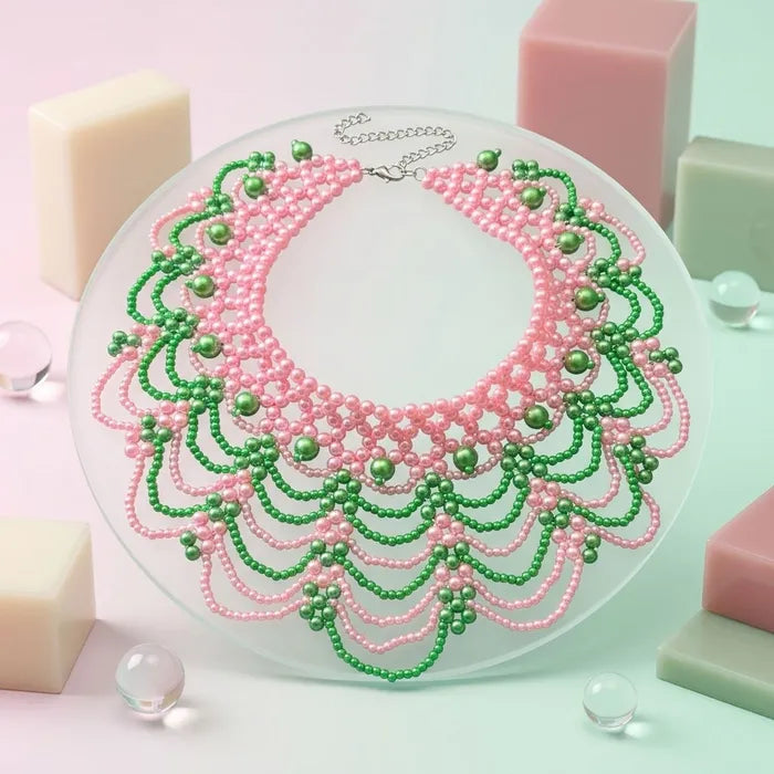 Cascading Pink Green Pearl Collar Necklace