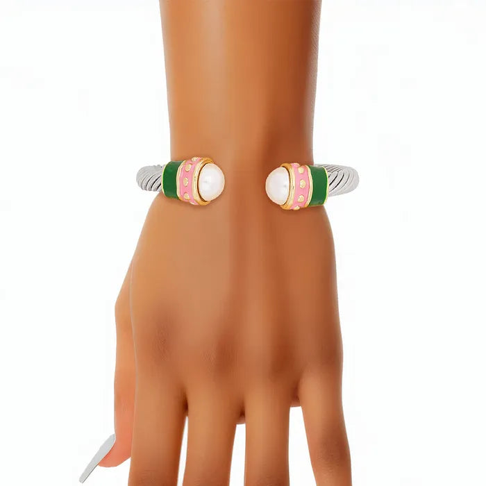AKA Pearl Tip Enamel Two Tone Cuff Bracelet
