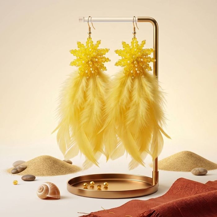 Yellow Beaded Cluster Long Feather Drop Earrings