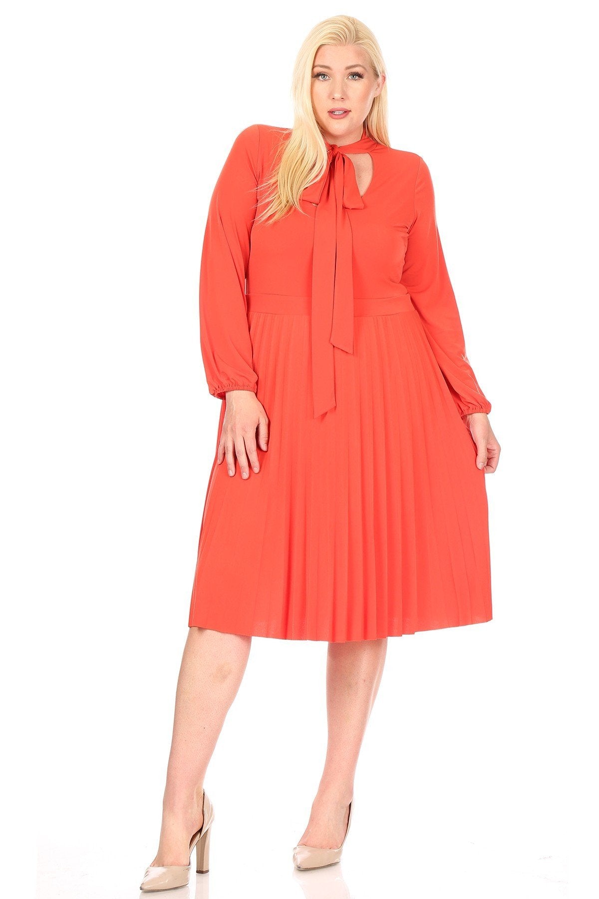 Solid, a-line midi dress relaxed fith with a neck tie dress