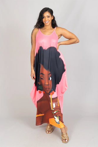 Sleeveless Face Print Knit Maxi Dress Onesize Fits Most Come With Pockets