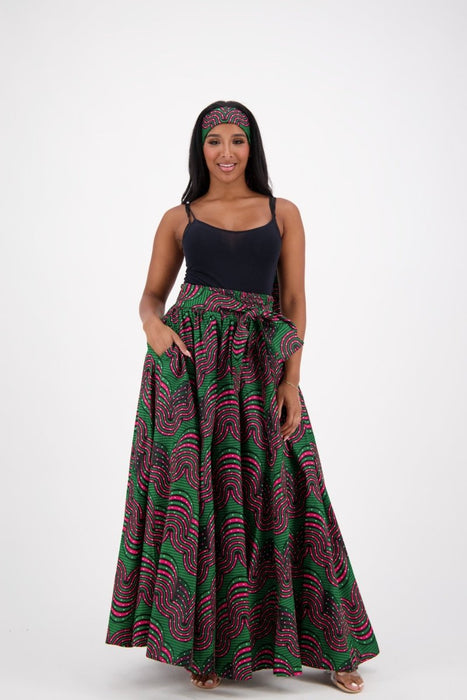 ANKARA PRINT MAXI SKIRT COMES WITH HEAD-WRAP/POCKETS ONESIZE FITS MOST