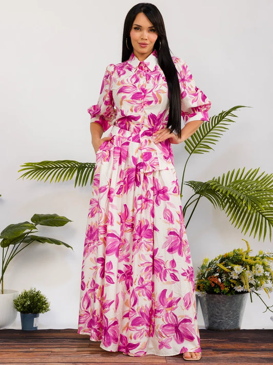 Plus Size Floral Print Button Front Maxi Skirt Set