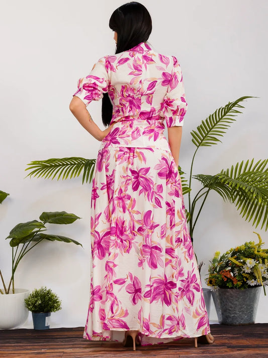 Plus Size Floral Print Button Front Maxi Skirt Set