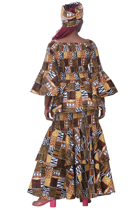 Authentic African Two-piece top maxi skirt set with matching head wrap