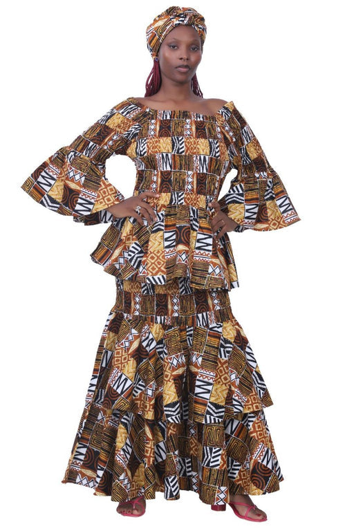 Authentic African Two-piece top maxi skirt set with matching head wrap