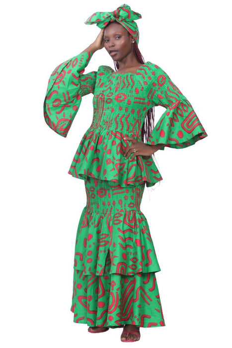 Authentic African Two-piece top  maxi skirt set with matching head wrap