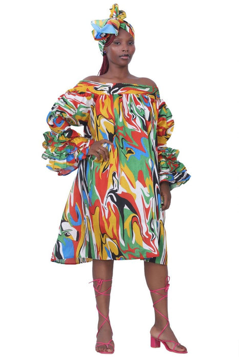 Faux Silk Off-Shoulder Dress with Matching Head Wrap – Multicolor Print Onesize Fits Most
