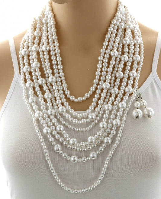 Multi String Pearl Neckalce Silver