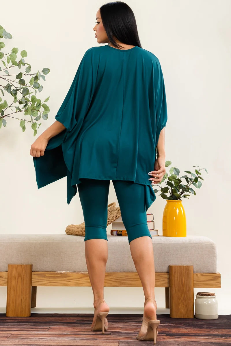 Solid two-piece set poncho-style top