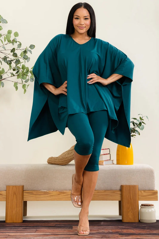 Solid two-piece set poncho-style top
