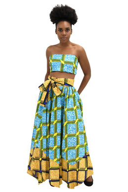 African Long Ankara Print Maxi Skirt With Pockets / Head-Wrap Elastic Waist Onesize