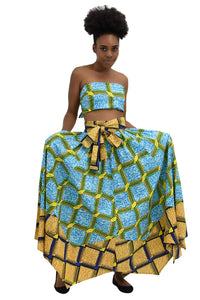 African Long Ankara Print Maxi Skirt With Pockets / Head-Wrap Elastic Waist Onesize