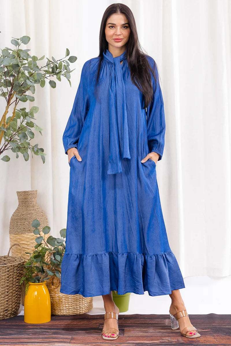 Bow Tie Neck Maxi Dress with Ruffle Hem