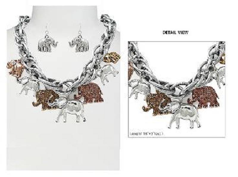 Chunky MULTI COLOR Elephant Charm Necklace with Matching Dangle Earrings