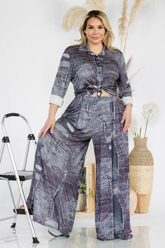 Dark Denim Color Look Print Wide Leg PLUS Palazzo Pants Elastic Bend, Pockets ONE-SIZE