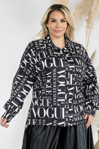 Voge Print Long Sleeves, Button Down Loose Fit Top Formal, Office Top Collar Shirt Plus Top