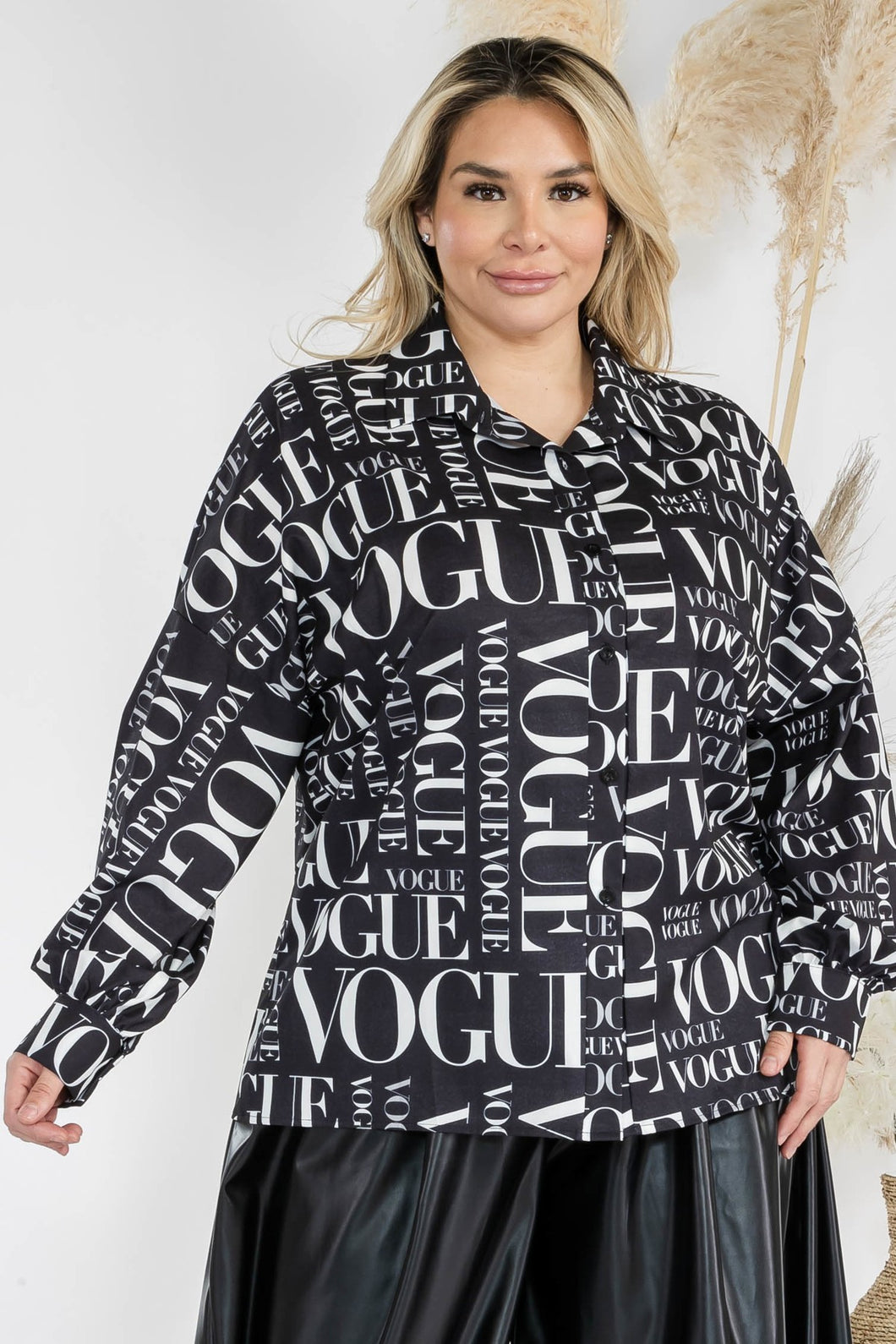 Voge Print Long Sleeves, Button Down Loose Fit Top Formal, Office Top Collar Shirt Plus Top