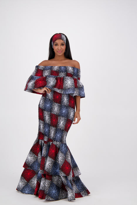 African Print Mermaid Dress  Onesize Fits Most On/Off Shoulder Headwrap Included/Pockets