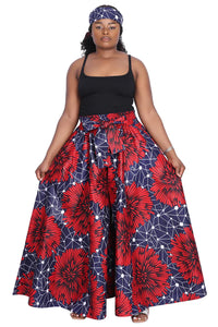 African Long Ankara Print Maxi Skirt With Pockets / Head-Wrap Elastic Waist