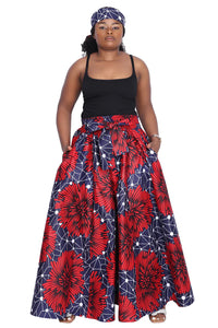 African Long Ankara Print Maxi Skirt With Pockets / Head-Wrap Elastic Waist