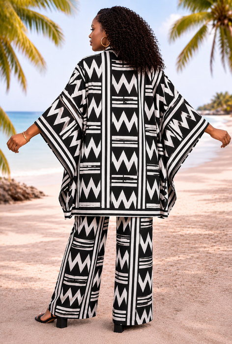 Black & White Geometric Kimono Set with Head Wrap – 100% Cotton Wax Print