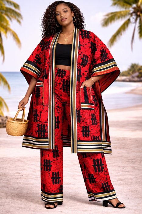 Women's African Wax Print Cotton Kimono Set – Red & Black Tribal Pattern Lounge Wear