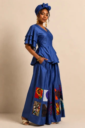 Denim Patchwork Palazzo Set with Matching Head Wrap