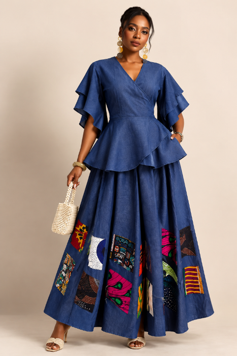 Denim Patchwork Palazzo Set with Matching Head Wrap