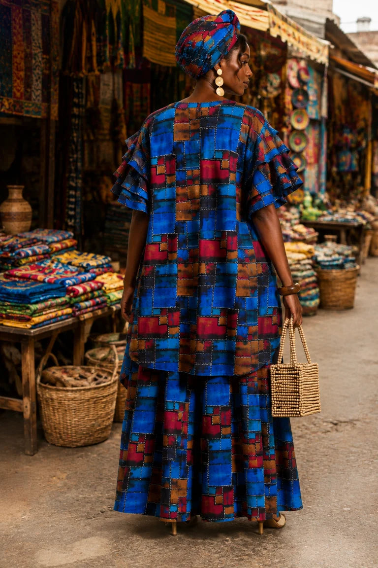 Women's African Print Palazzo Pant Set with Ruffle Sleeve Top & Matching Head Wrap
