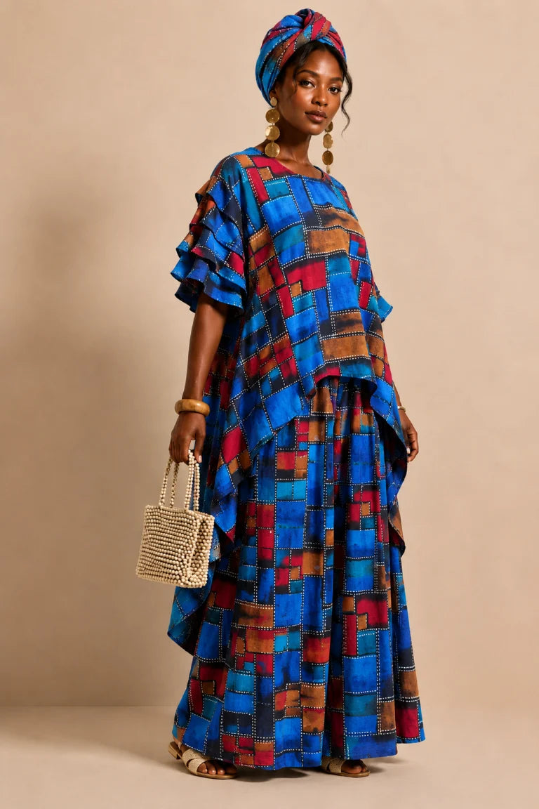 Women's African Print Palazzo Pant Set with Ruffle Sleeve Top & Matching Head Wrap