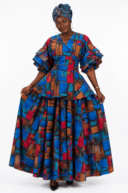 Women's African Print Palazzo Pant Set with Ruffle Sleeve Top & Matching Head Wrap
