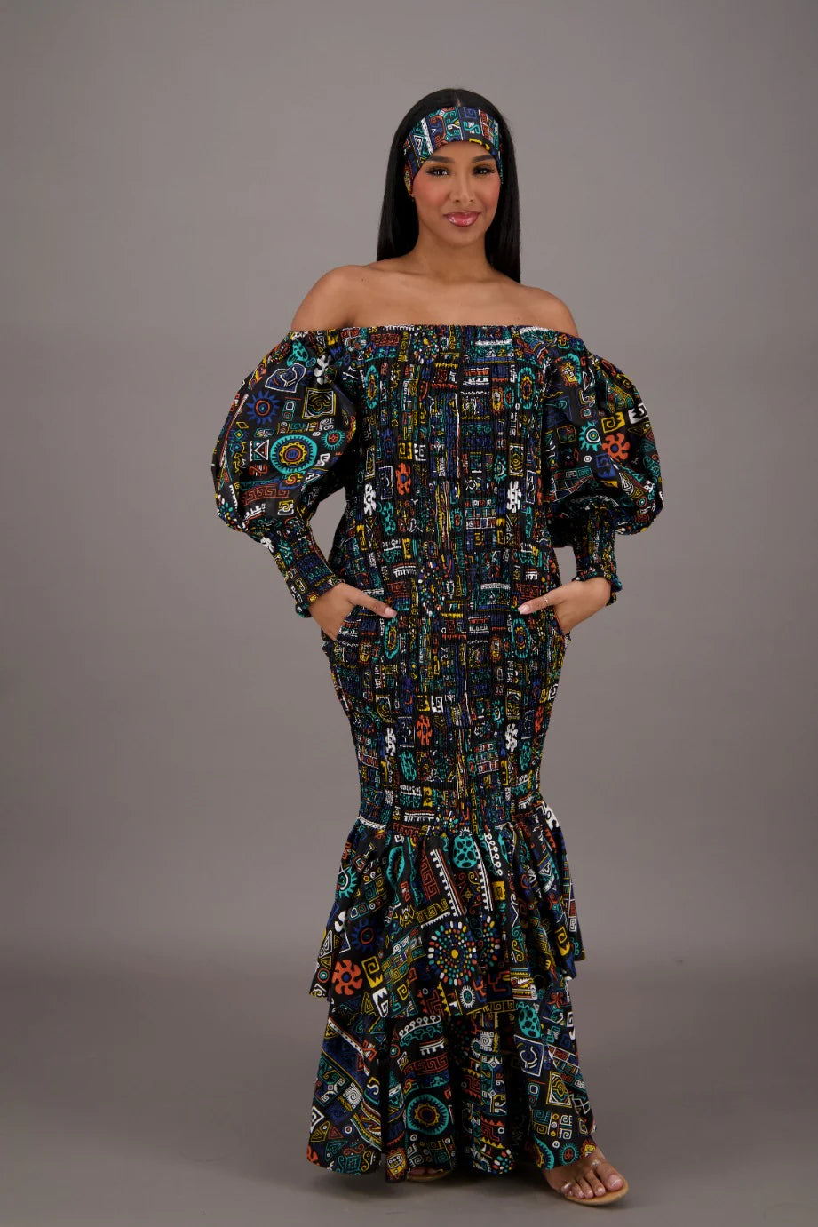 African / Ankara Dress   Elastic Waist One-Size FITS MOST  Headwrap/Pockets