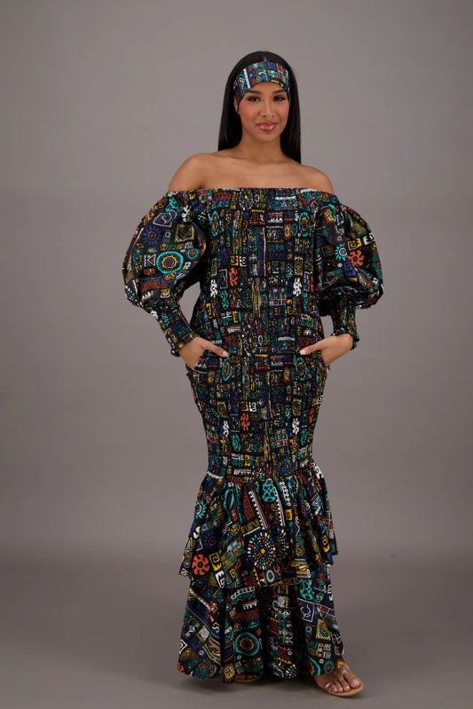 African / Ankara Dress   Elastic Waist One-Size FITS MOST  Headwrap/Pockets