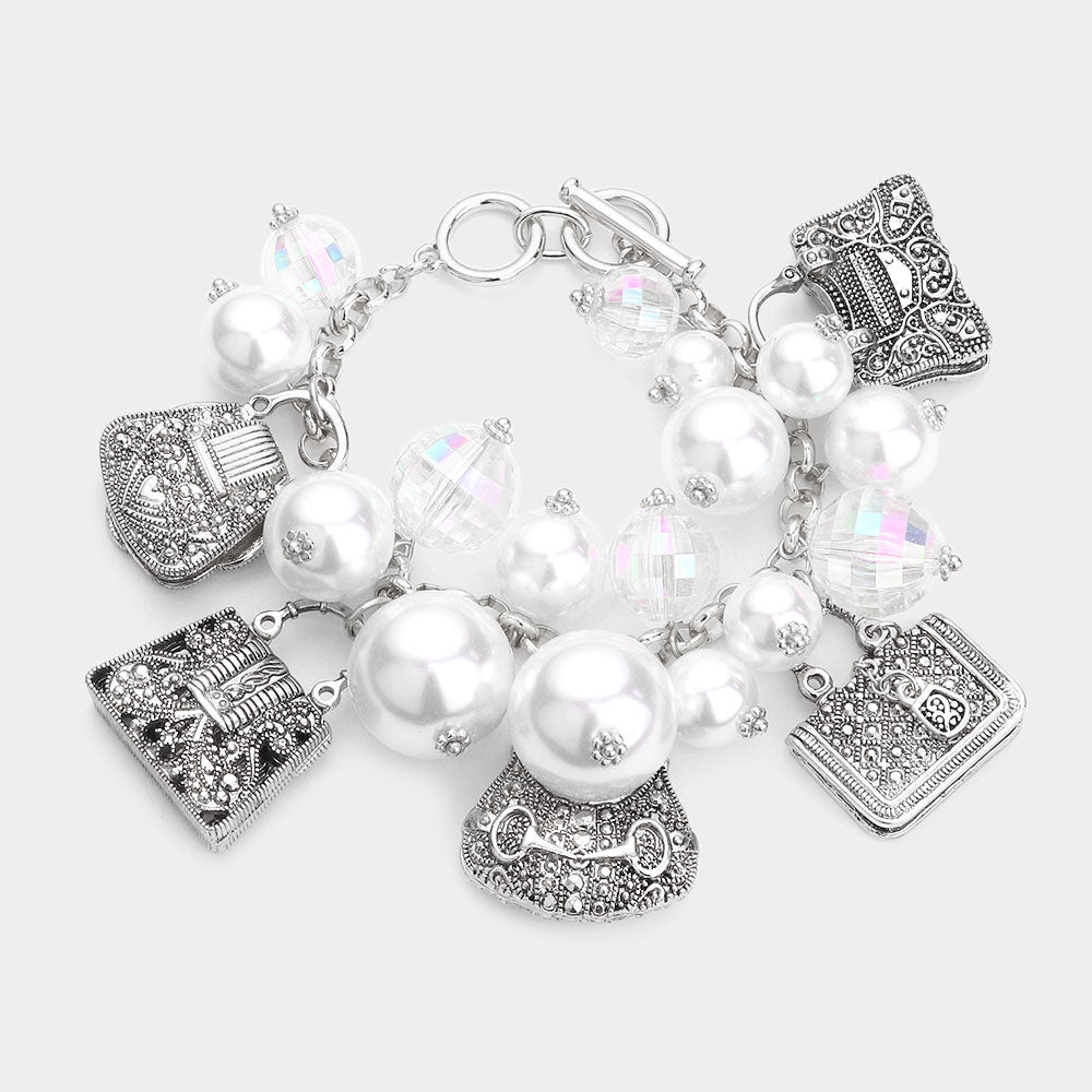 Metal Tote Bag Charm Station Pearl Cluster Toggle Bracelet