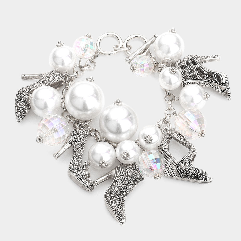 Stiletto Heel Charm Station Pearl Cluster Toggle Bracelet