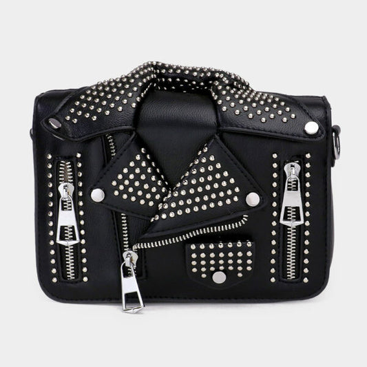 Black Studded Faux Leather Jacket Designed Crossbody Bag