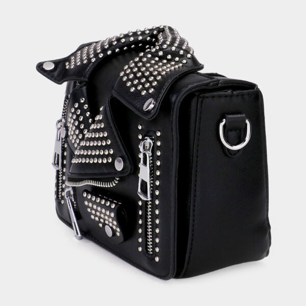 Black Studded Faux Leather Jacket Designed Crossbody Bag