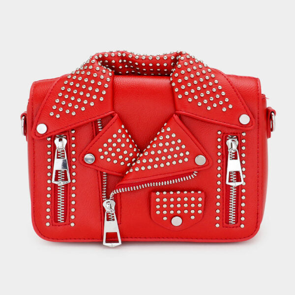 Red  Studded Faux Leather Jacket Designed Crossbody Bag